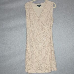 Ralph Lauren Lace‎ Sequin Dress Sleeveless Sheath Beige Faux Wrap 16 Cocktail